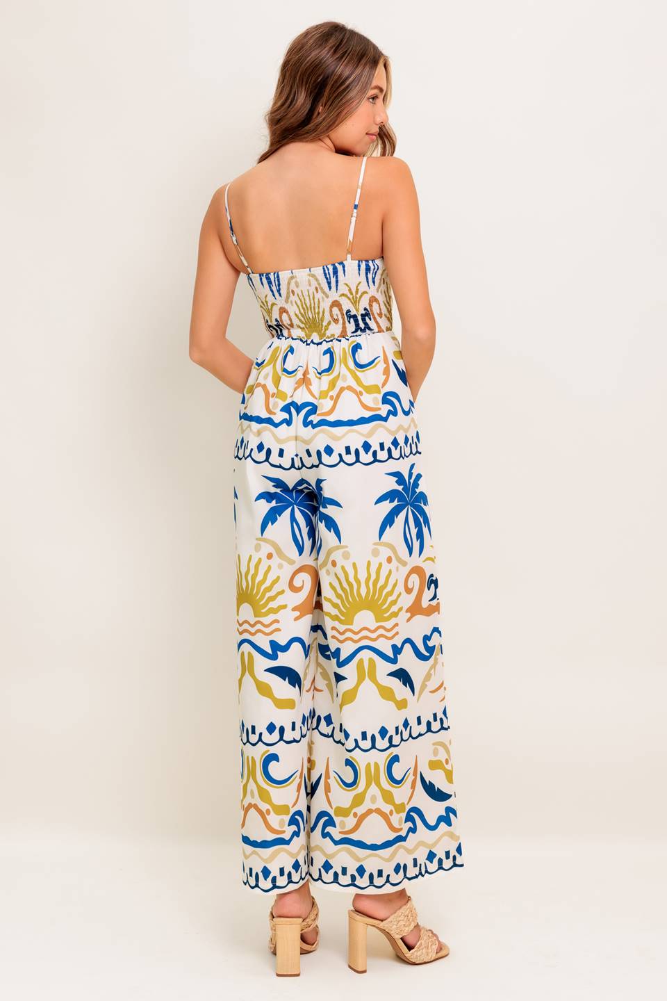 VACAY GLOW IVORY BLUE WOVEN JUMPSUIT Flying Tomato